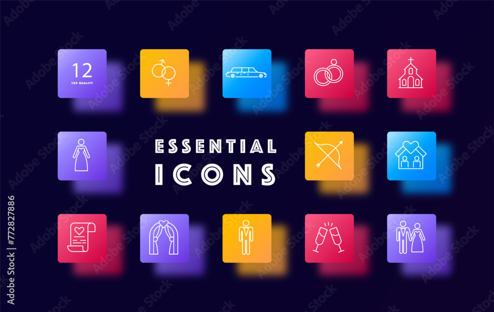 Wedding icon set. Document, wine, sex, glasses, church, heart, wife, wedding dress and suit, man, groom, house, limousine, bow, marriage certificate, altar. Marriage concept. Glassmorphism style.