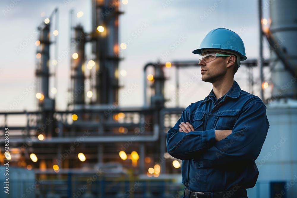 engineer with arms crossed standing in front of refinery - obrazy, fototapety, plakaty 