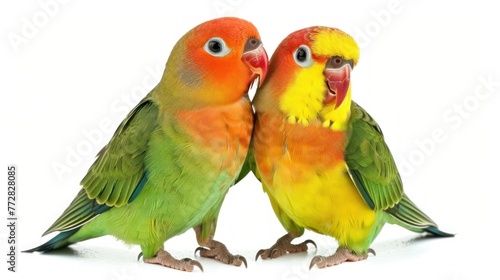 Two Vibrant Lovebirds Sharing a Perch in Perfect Harmony Generative AI