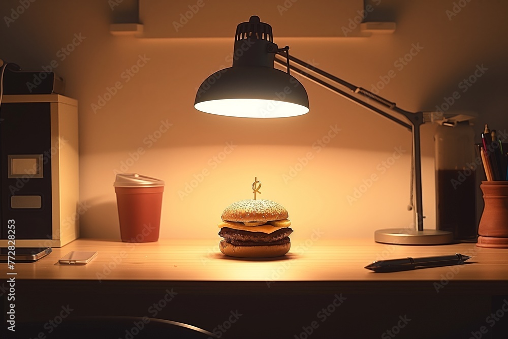 neat office desk with a burger in the center under desk lamp light