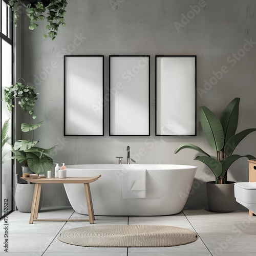 Three bathroom wall posters on the wall  modern bathroom design  bathroom poster mockup  minimalism and coziness