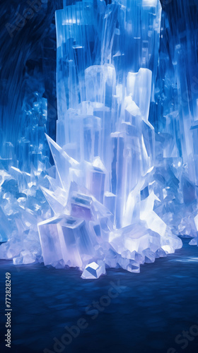A shimmering blue crystal cave in anime style.
