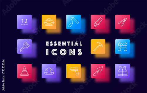 Construction set icon. Repair supplies, equipment, saw, roller, pliers, brush, cone. fence, helmet, drill, spatula, windbreaker, jacket, uniform, hammer. Glassmorphism style.