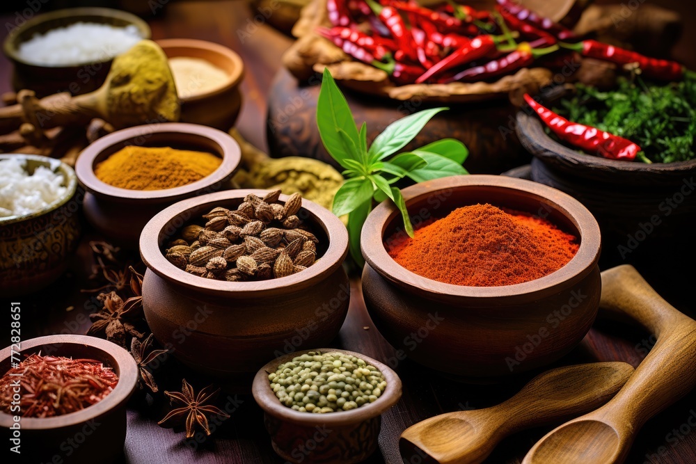 Spices and herbs in wooden bowls Food and cuisine ingredients Aromatic herbs and spices background Seasoning as ingredients for delicious food coocking, Ai generated