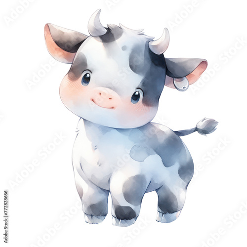 A cute cartoon cow with horns and a white face. The cow is smiling and looking at the camera