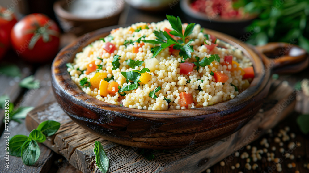 Couscous with vegetables and herbs on rustic wood Couscous with vegetables and herbs on rustic wood