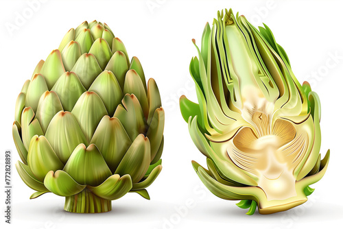 A close up of a green Artichoke with a white stem. The vegetable is cut in half, revealing its inner structure photo