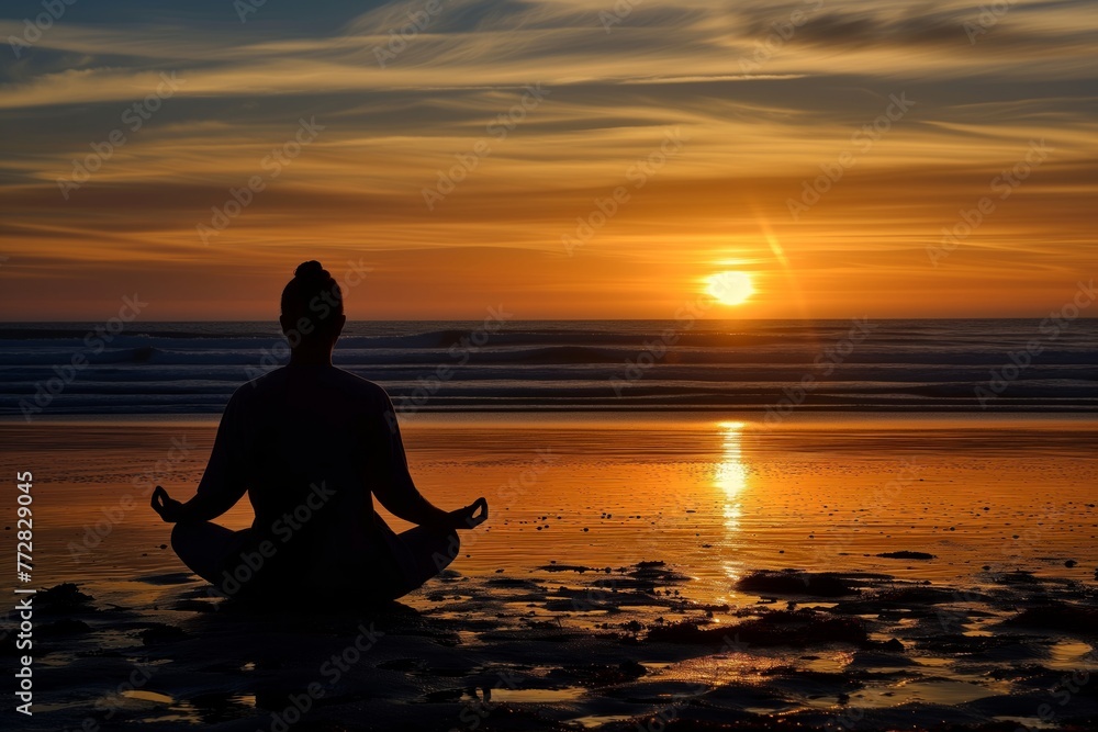 silhouetted figure meditating on beach at sunset