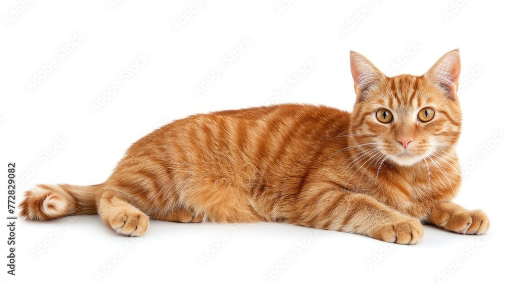 Gleaming Ginger Tabby Cat Poised Elegantly Against White Generative AI Gleaming Ginger Tabby Cat Poised Elegantly Against White Generative AI