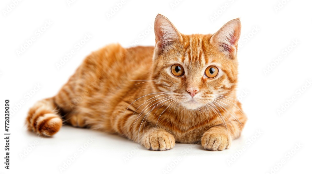 Gleaming Ginger Tabby Cat Poised Elegantly Against White Generative AI Gleaming Ginger Tabby Cat Poised Elegantly Against White Generative AI