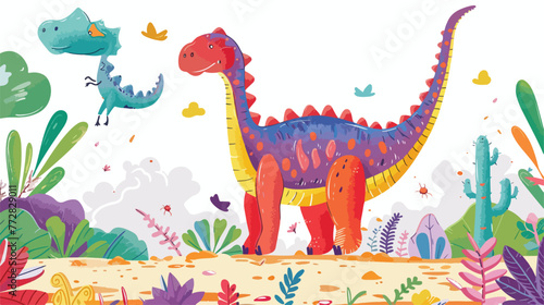 Coloring dinosaur flat vector isolated on white background