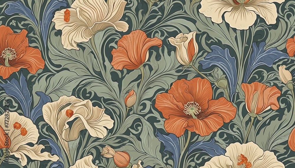 Vintage floral   pattern inspired by Art Nouveau, featuring sinuous lines and graceful poppies and irises in muted, earthy tones colorful background