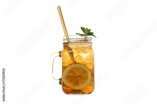 PNG, Glass of iced tea with lemon and straw, isolated on white background