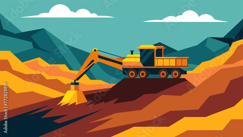 An upclose shot of machinery extracting raw materials from a nearby quarry. The rocky landscape and industrial equipment depict the utilization