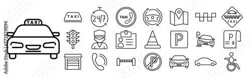 Taxi icon set. ID card, passport, data, face photo, silhouette, taxi driver, uniform, hat, 24 hour work, parking, cone, stop, fence, P, taxi, car. Transportation service concept.
