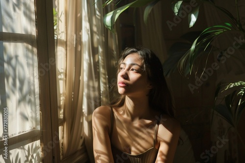 A contemplative woman sitting by the window bathed in natural light