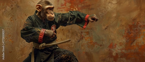 A creative take on a monkey dressed in a gi striking a martial arts pose photo