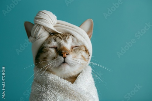 A content cat wrapped in a white spa towel and head wrap with its eyes closed in relaxation photo