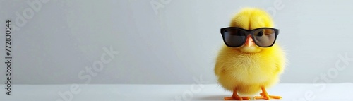 A cute yellow chick donning stylish sunglasses poses on a clean white background