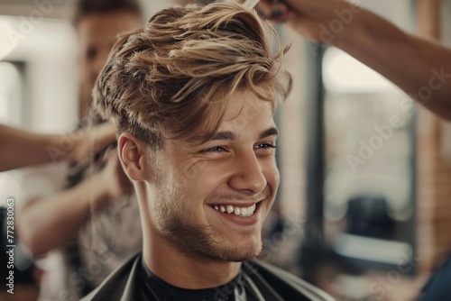 A delighted young man getting his hair styled at a barber shop photo