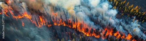 A devastating forest wildfire captured from an aerial perspective