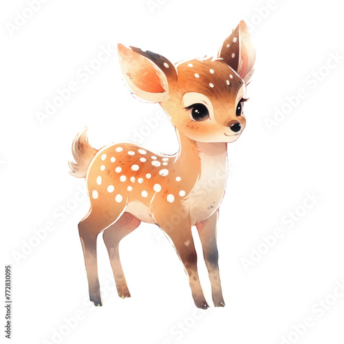 A cute little deer with white spots stands on a white background. The deer has a cute expression and is looking at the camera