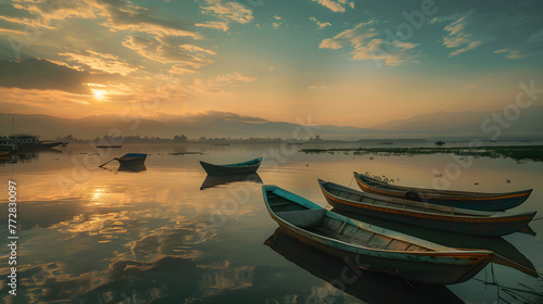 Harmony Between Nature and Life - Lightweight Boats Drifting in a Serene Setting