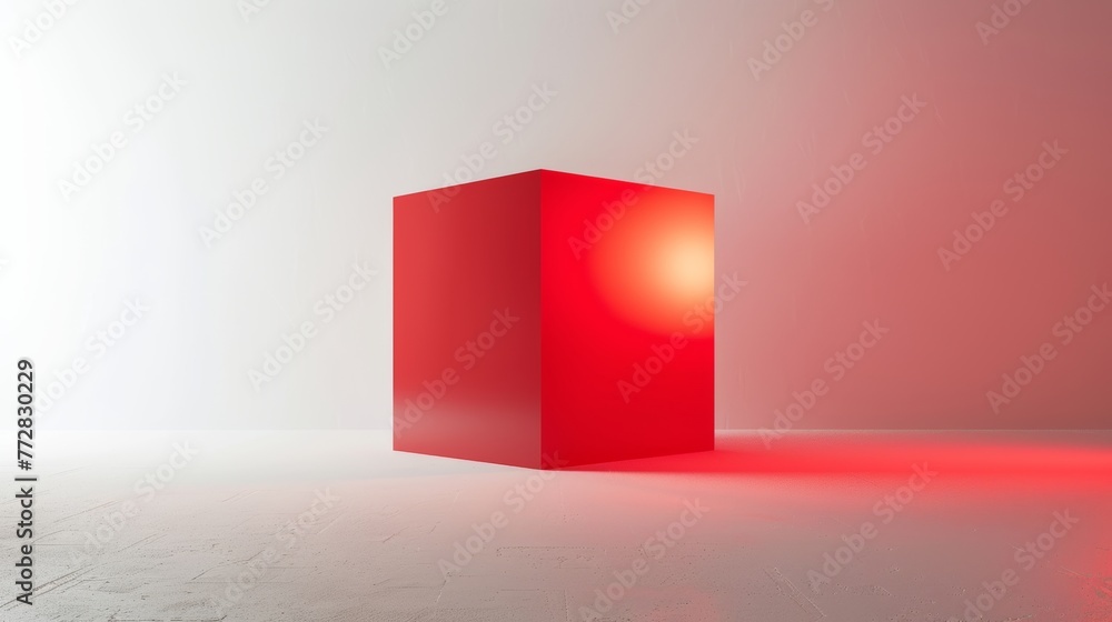 Red cube with glowing sphere on a white surface Red cube with glowing sphere on a white surface
