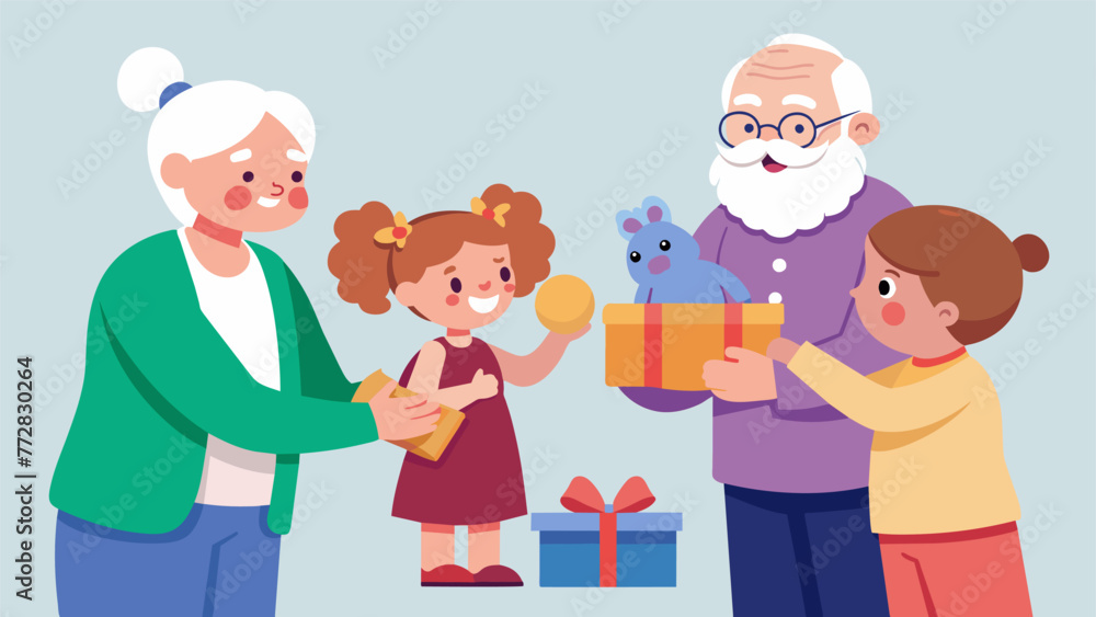 An illustration of grandparents giving genderspecific toys to their grandchildren reinforcing traditional ideas of gender roles and An illustration of grandparents giving genderspecific toys to their grandchildren reinforcing traditional ideas of gender roles and