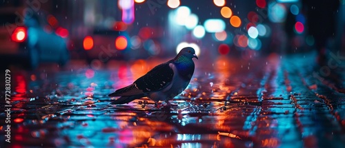 A pigeon stands on a rain-soaked cobblestone street photo