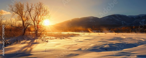 Winter sunrise over snowy landscape