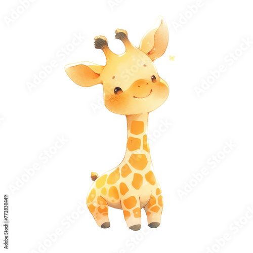 A cute giraffe with a smile on its face. The giraffe is standing on its hind legs and has a heart on its chest