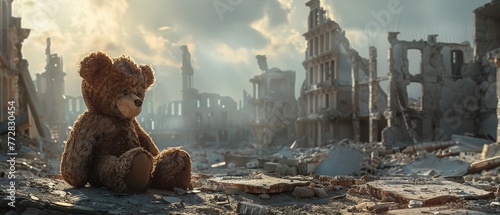 A solitary teddy bear sits amongst the ruins