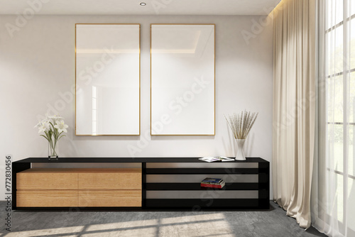3d rendering of interior space side the window with credenza and 2 frames mock up. Cement floor and white  wall background. Set 11 photo