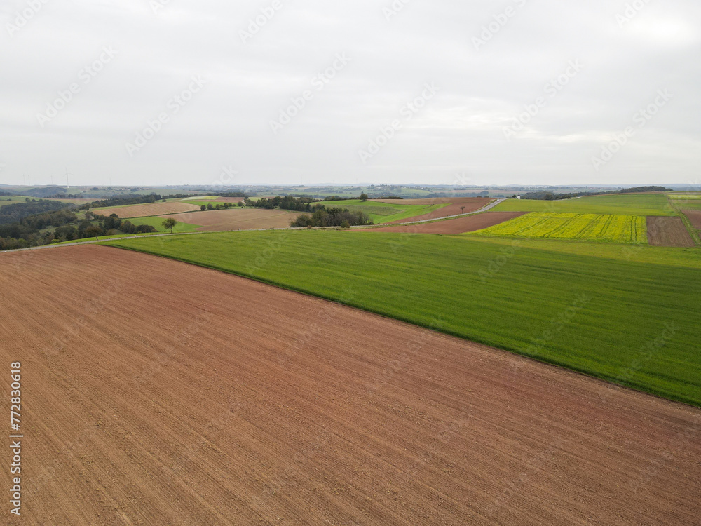 Aerial view of a farmland with country fields and a road 