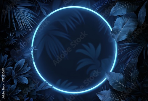 abstract neon background with circle frame and tropical leaves, blue glow light effect on dark black night sky for design mock up