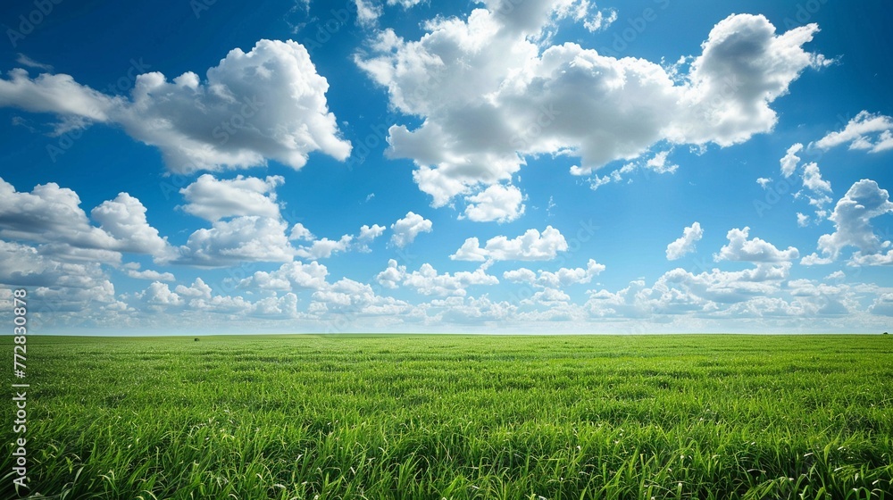 Obraz premium Expansive panoramic view of a lush green field under a vast blue sky with fluffy clouds