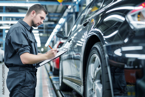 quality inspector with clipboard by car on production line