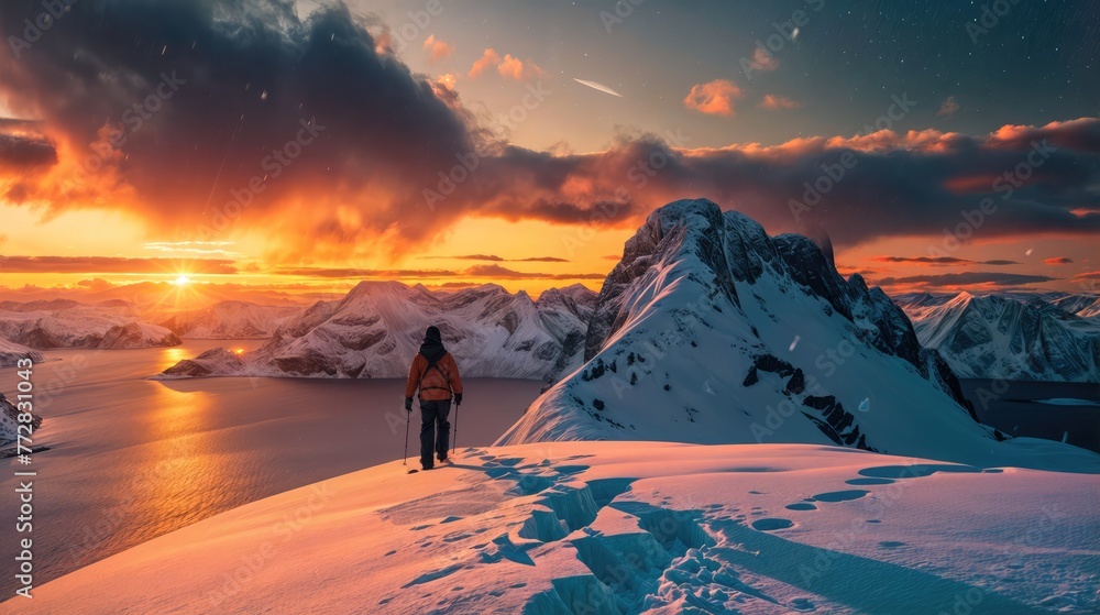 A person on top of a snowy hill, with a beautiful sunset and a mountain