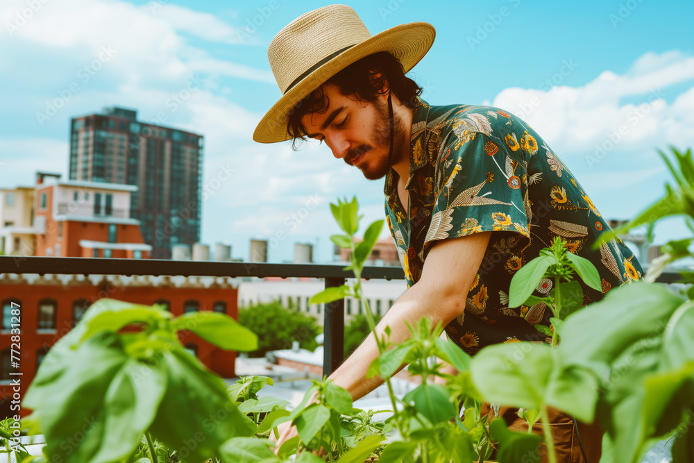 man in a boho shirt and straw hat tending to his rooftop garden