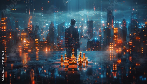 A businessman in a suit plays a futuristic chess game showcasing real estate innovation against the backdrop of a bustling urban skyline, Generated by AI