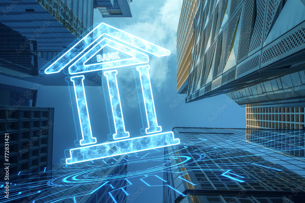 Creative polygonal bank hologram on blurry city background. Digital banking, global networking, cyber security concept. Double exposure. - obrazy, fototapety, plakaty 