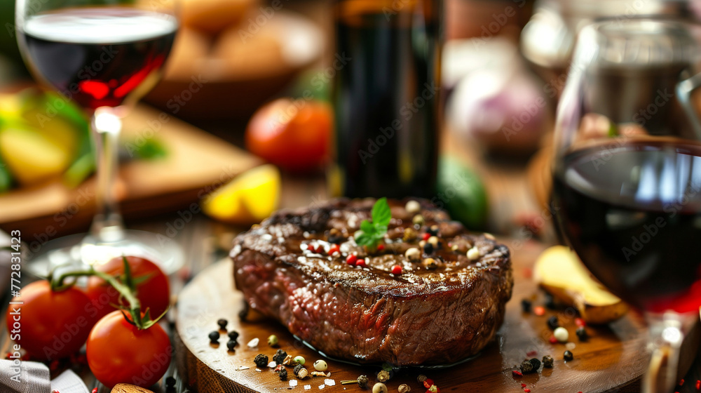Elegant steak dinner with assorted food and wine