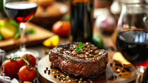 Elegant steak dinner with assorted food and wine