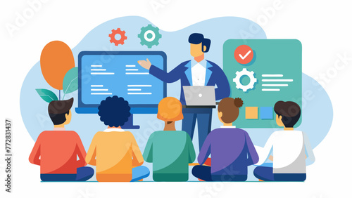 A trainer presenting a workshop on coding and programming to a group of interested employees emphasizing the importance of developing technical