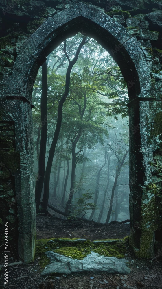 Obraz premium Arched stone doorway framing a misty forest