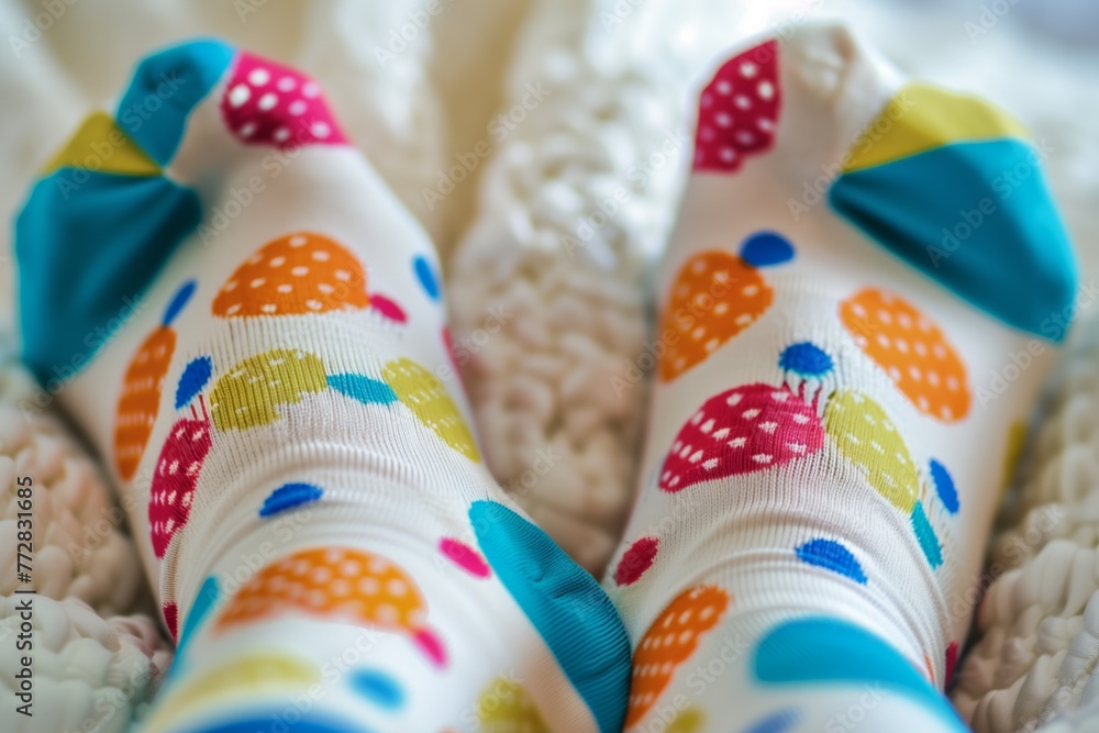 closeup of feet with colorful, polkadot socks