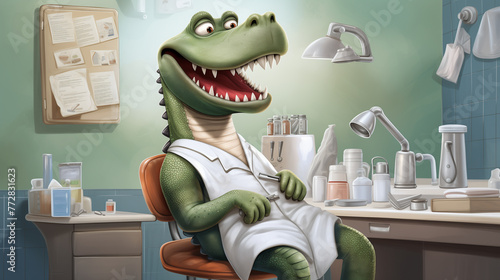 an illustration depicting a cartoon crocodile dentist on a monochrome background. photo