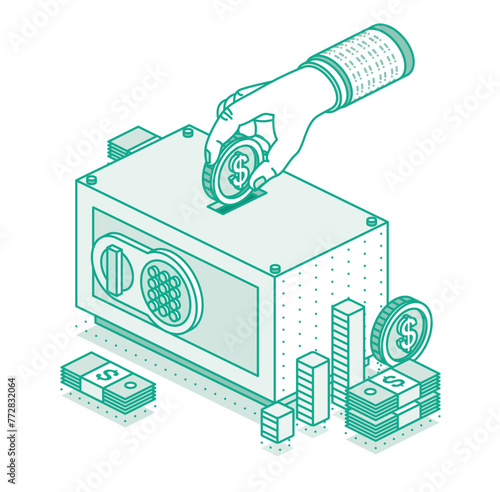 Hand puts money in safe. Isometric concept of savings money. Dollar coin. Stack of money. Outline object. Manage money and finance analytics.