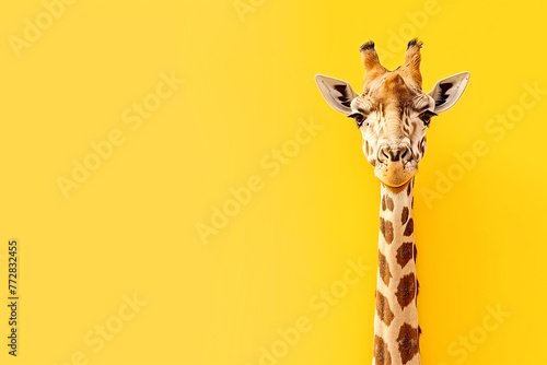 A giraffe on a yellow background